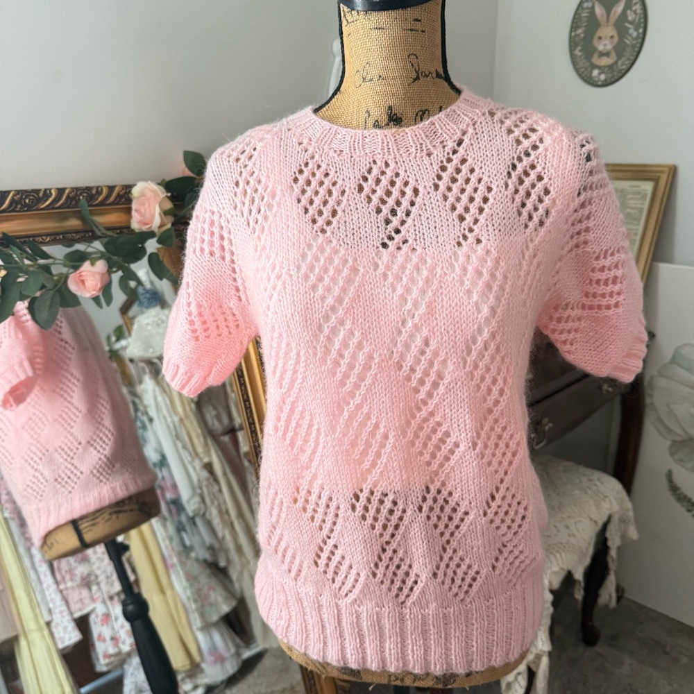 Vintage Baby Pink Knit Short Sleeve Sweater